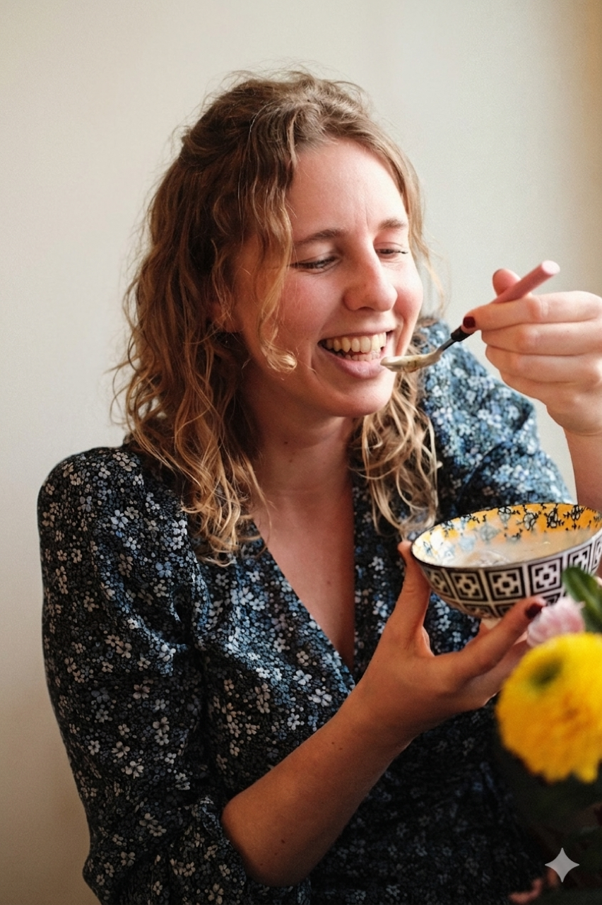 Flora smiling as she eats from a small bowl, soft natural light.